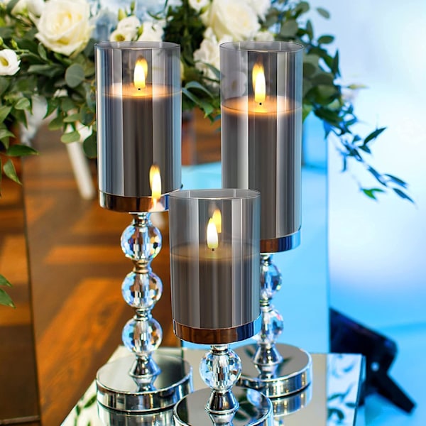 Gråt glas flammeløst lyssæt, 3 stk. (D: 3 \"X H: 4\"/5 \"/6\"), ægte flimrende batteridrevet lys, ægte voks LED søjlelys, med 10-tasters fjernbetjening