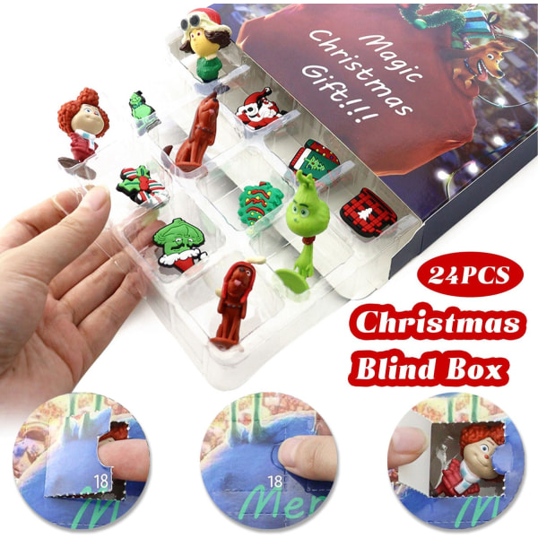 Julälva adventskalender 2023, 24 dagars julnedräkningskalender med 24st gröna tecknade leksaker docka för barn vuxen jul semester strumpa fyllning