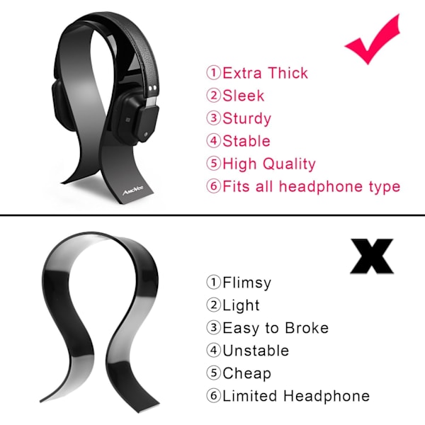 Akryl Hovedtelefonholder Gaming Headset Holder/Hænger, Ekstra Tyk - Sort