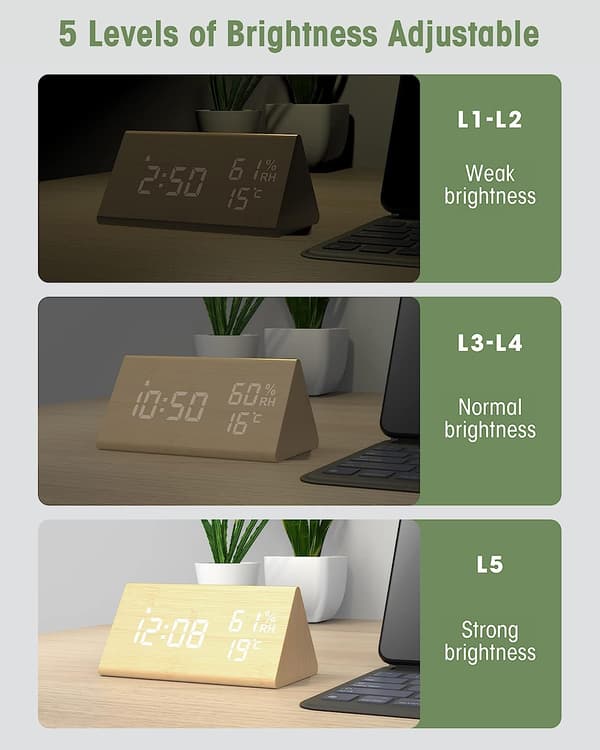 Digital väckarklocka i trä, digital klocka med snooze/datum/temperatur och luftfuktighet - Bambu