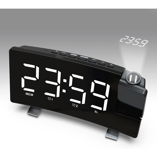 Projektionsklockradio, 180° takprojektionsväckarklocka, USB FM digital klocka med dubbla larm, insomningstimer, 12/24h, (vit)