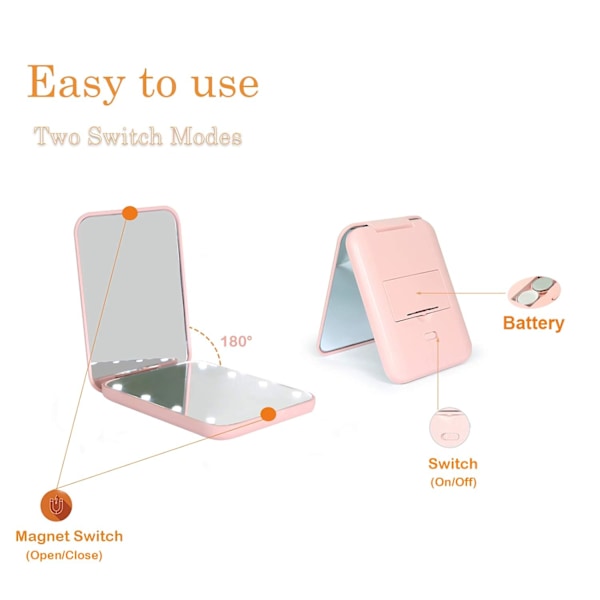 Fickspegel, 1X/2X förstoring LED kompakt resesminkspegel med ljus för handväska, 2-sidig, bärbar, vikbar, handhållen, liten upplyst spegel för present pink