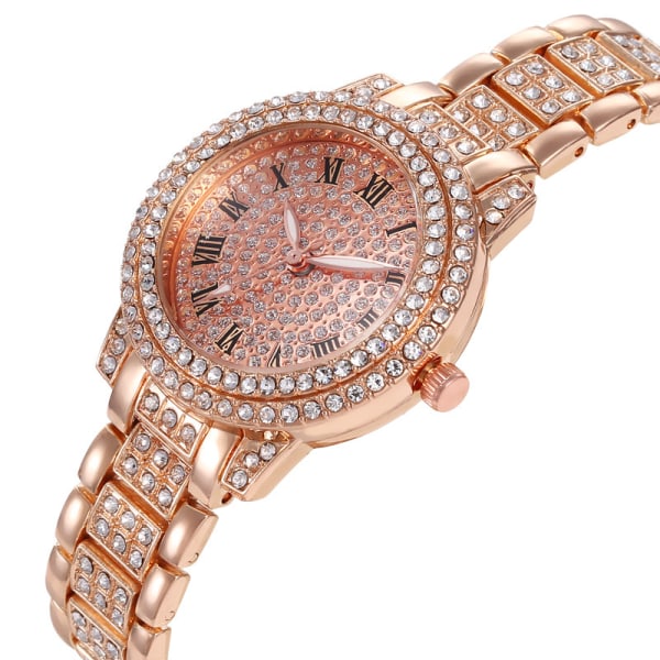 Watch herr och dam All Diamond watch+ armband dam vintage romersk stålplåt watch (rosa )