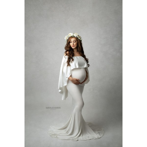 Kvinnor Cape Gravidklänning Baby Shower Slim Fit Lång Maxiklänning Fotografi Klänning för fotografering (XL, Vit)