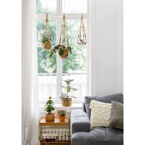 2 st Växthängare Inomhus planteringskorg Hängande korg Blomkrukhållare Jute rep med pärlor utan tofsar, 89cm