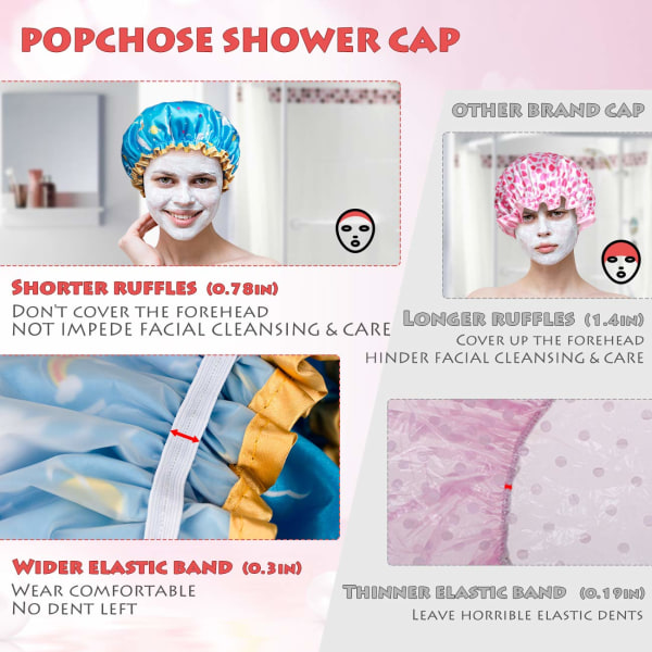 Cap, Stora duschmössor för kvinnor Långt hår, Återanvändbar dubbellager vattentät cap, Snygg cap, Mjuk och bekväm EVA-fodrad dusch