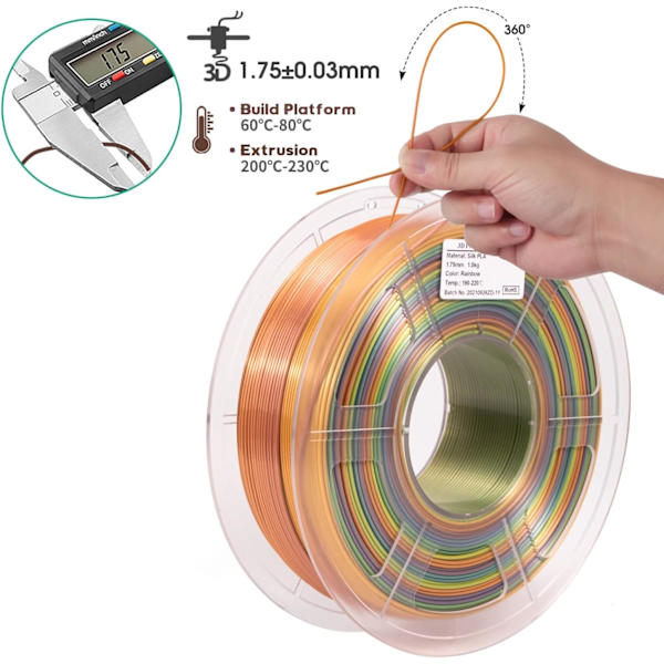 Regnbue PLA 1.75 Filament, Flerfarvet Silke Regnbue Pla 3D Printer Filament, Dimensional +/- 0.03 mm, 1KG Spole