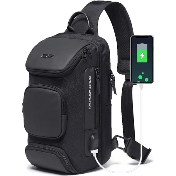 Rento Sling Bag, miesten rintalaukku olkalaukku vedenpitävä olkalaukku USB-latauksella pyöräilyyn, seikkailuun, matkustamiseen, urheiluun (musta)