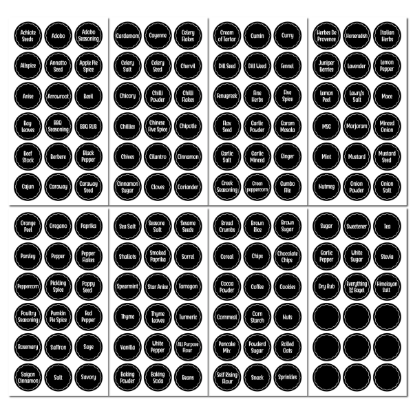 288 kryddburketiketter och matbutiksetiketter med en diameter på 3,8 cm och kryddetiketter på svarta tavlan