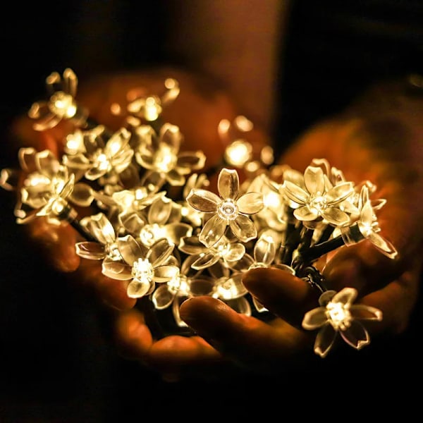 5/7/12m LED Kirsikankukka Aurinkokennovalosarja Puutarha Keijuvalo, ulkokäyttöön vedenpitävä teippi sisäpihan koristeluun lämmin valkoinen 12m 100LED