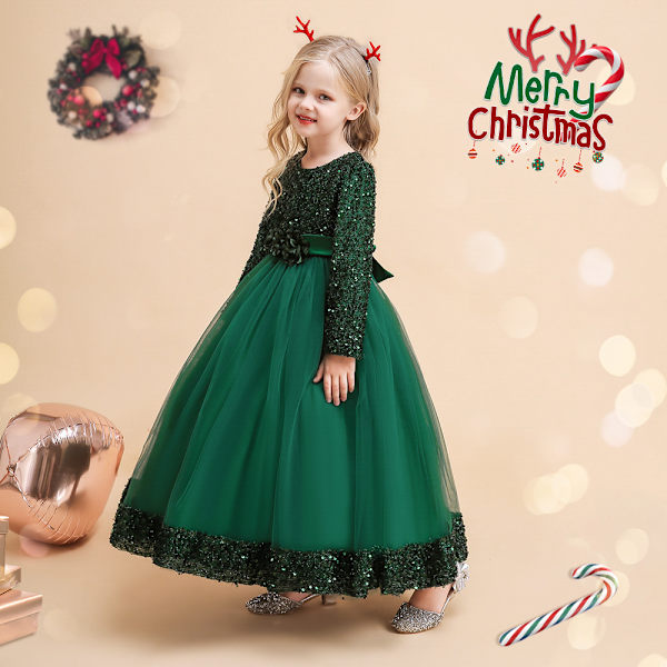 1-delad långärmad julklänning för flickor Paljett Poncho Princess Dress (grön)