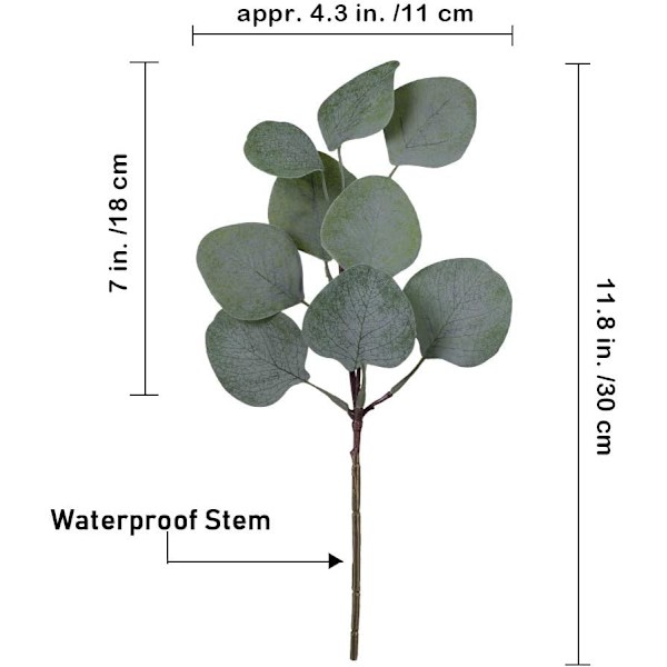 10 stk. falske eukalyptusblade, stilke, bulk kunstige sølv dollar eukalyptusblade plante i grå grøn 30 cm høj bryllupsgrønt kunstigt grønnere
