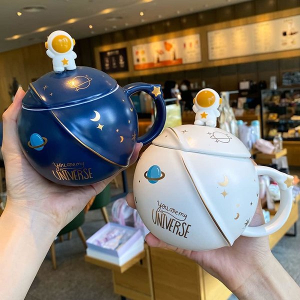 Søde Astronaut Krus med Låg, Nyt Keramisk Kaffekrus, Morgen Ember Svampe Mælk, Marineblå Tekop 400ml/15oz