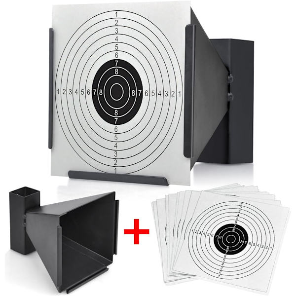 14 X 14cm Målskiveholder + 100 Målskiver Luftgevær Pelletfælde Airsoft Riffel Sort Tragt