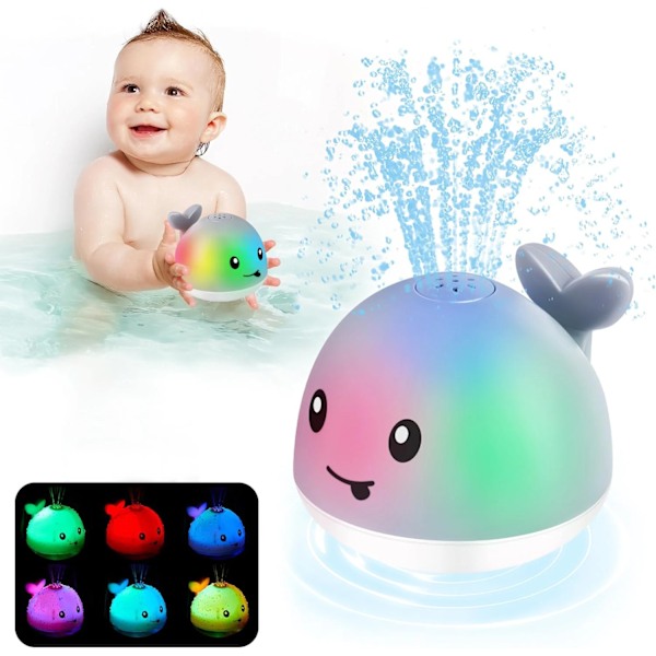 Baby Badleksaker, Whale Auto Spray Vatten Badleksak med LED-ljus Spray Fontän gråval