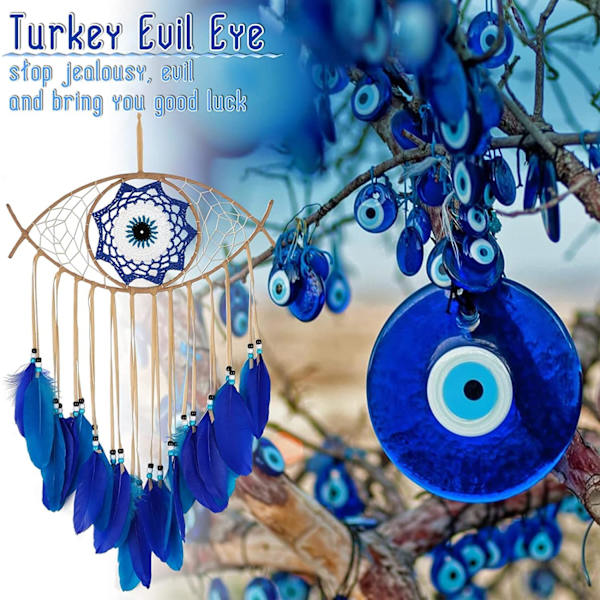 Evil Eye Dream Catcher Handvävd Vit Fjäder Drömfångare Vägghängande Heminredning Prydnad Välsignelse Present，Blå/Brun