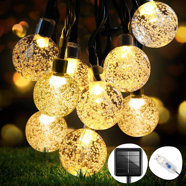 50 LED aurinkokennovalosarja, ulko- ja sisäkäyttöön, 7 m ja 8 tilaa, IP65 vedenpitävä koristevalosarja puutarhaan, lämmin valkoinen