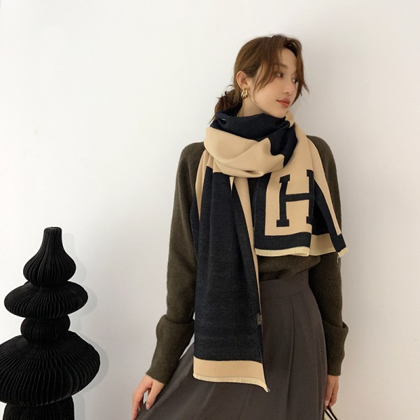 Cashmere Tørklæder, Varme Farveblok Tørklæder til Kvinder, Medium Længde, Dobbeltsidede Aircondition Tørklæder (Sort)