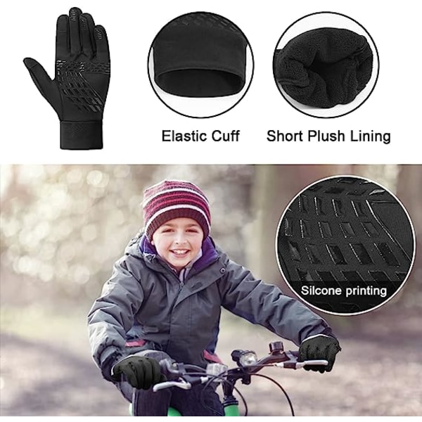 Barn Vintersport Cykelhandskar, Thermal Fleece Foder Vindtät Vattentät Anti-Slip Touchscreen Handskar, Storlek M