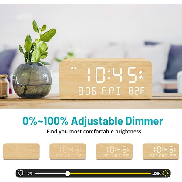 Digital väckarklocka i trä, 0-100 % justerbar ljusstyrka dimmer och larmvolym, veckodag/helgläge, dubbla larm, snooze, 12/24h, trä LED