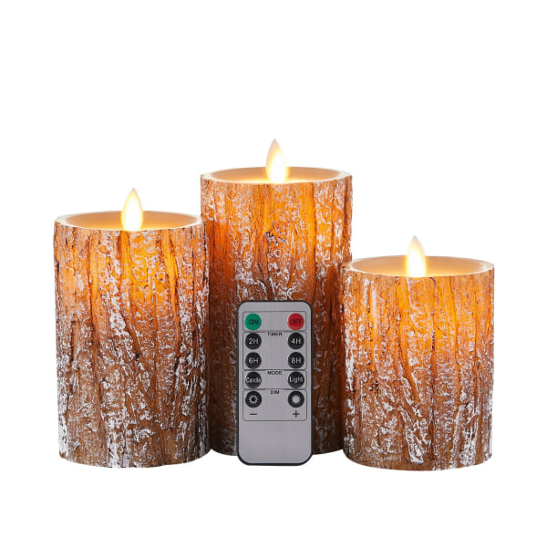 Flamlösa ljus, AVEKI batteridrivna flimrande rörliga veke ljus 4" 5" 6" Set med 3 Pine Bark Pillar Electric LED Realistic Candles med fjärrkontroll