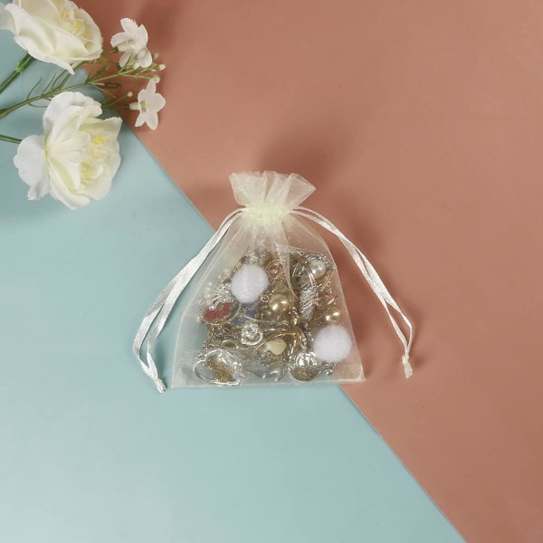 100 stycken beige smyckesväska med dragsko organza tygpåse mini godispåse små present smycken örhängen