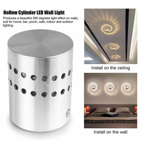 3 Watt LED-spiralvägglampa, vägglampa i aluminium, badrumslampa, vägglampa (varmt ljus)