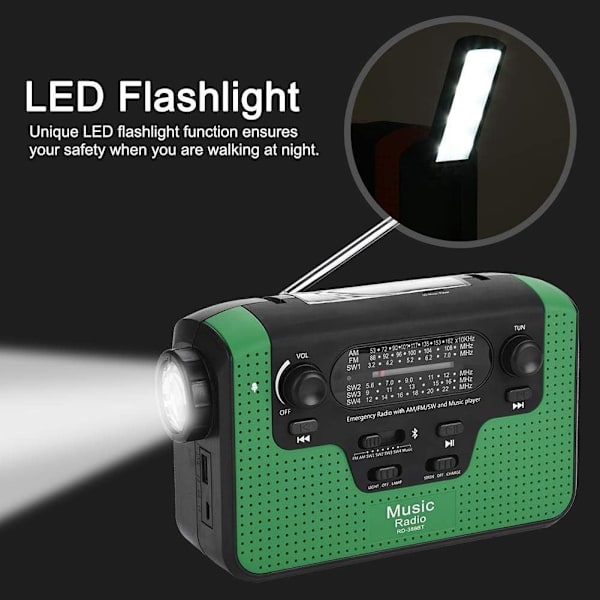 FM/AM/SW Utomhus nödradio - LED-ficklampa - Solcellsdriven - Kan ladda telefonen i nödsituationer (grön)