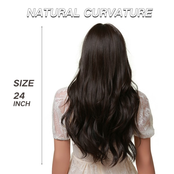 Lång brun peruk med vågig lugg och naturligt hårigt långt lockigt hår är en 24 tums syntetisk peruk