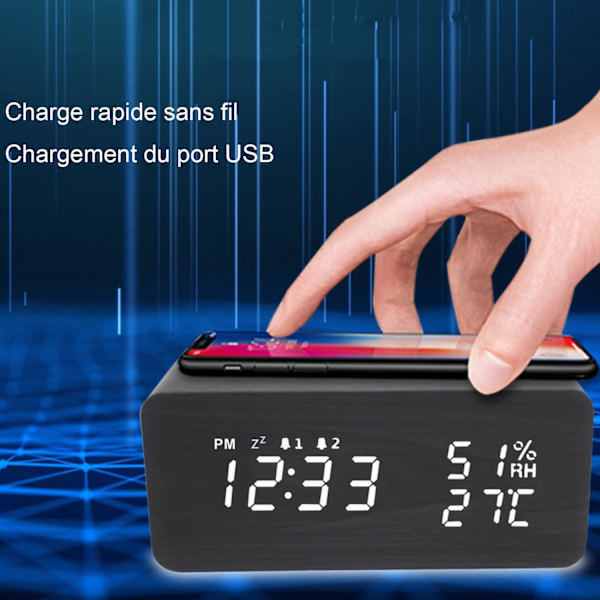 Digital väckarklocka, Digital väckarklocka med trådlös laddning, LED digital klocka Digital väckarklocka med temperatur/ USB laddningsport (svart)