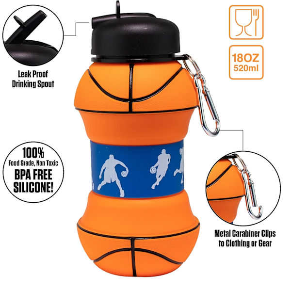 Art Clip-On Sammenleggbar BPA-fri Silikon Basketball Vannflaske for Barn, 532 ml