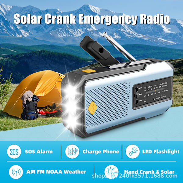 Håndsveivradio med 3 LED-lommelykt, bærbar værrradio AM/FM/NOAA med telefonlader, soldrevet USB-ladet radio for innendørs- og utendørs camping grå