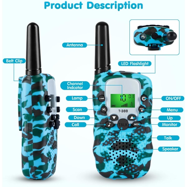 Walkie talkie för barn, leksaker för 3-12 år gamla pojkar, flickor med bakgrundsbelyst LCD-ficklampa, barn walkie talkies långdistans 22 kanaler 2-vägs radio för Hiki