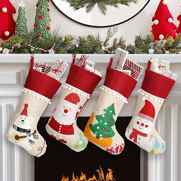 Julestrømper 4 stk, Store festlige juledekorationer, Klassiske personlige jule DIY håndværks ornament gaver dekor til familieferie Par