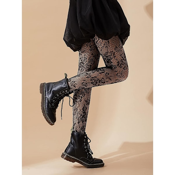 Mönstrade strumpbyxor för kvinnor Fisknät Blomstrumpor Strumpbyxor Strumpor Leggings（Blomsvarta）