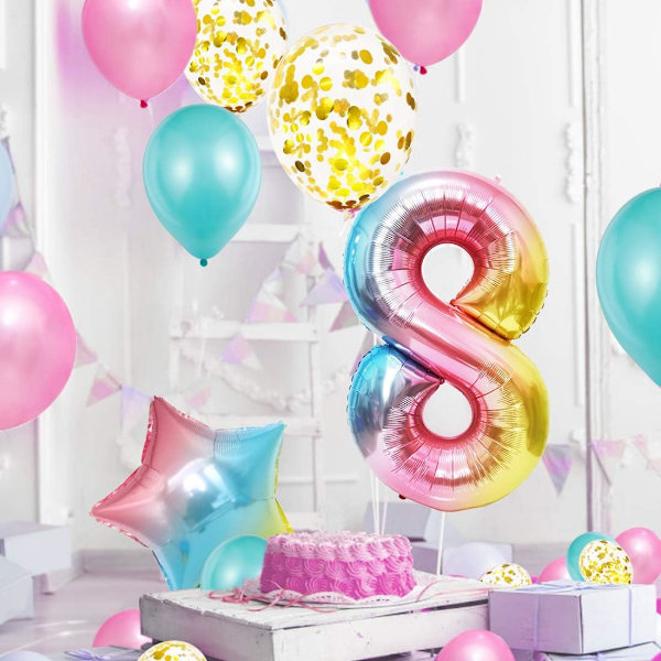 8-årig flickafödelsedagsballong, 8-årsdag, rosa ballong nummer 8, födelsedagsdekoration, grattisballong, 8-årig flickfödelsedagsfestdekorat