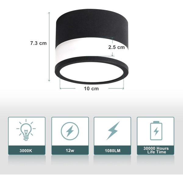 Taklampe LED Spot 12W 3000K Rund Svart Varmhvit Taklampe Stue Aluminium Ø10cm 230V Lysarmatur Spotlights for Gang Soverom Spisestue