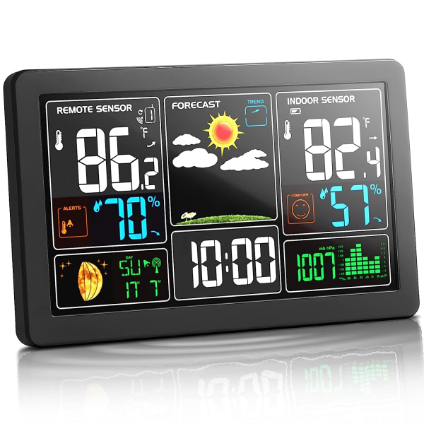 1 väderstation inomhus utomhustermometer Trådlös färgdisplay Digital temperaturfuktighetsmätare, vädertermometerprognosstation med kl.