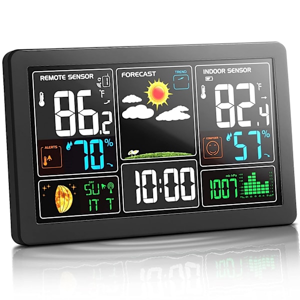 1 väderstation inomhus utomhustermometer Trådlös färgdisplay Digital temperaturfuktighetsmätare, vädertermometerprognosstation med kl.