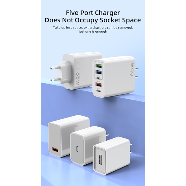 GaN Snabbladdning 65W USB Typ C-laddare PD 3.0 Snabbladdningsvägg För Telefonadapter För iPhone 15 Xiaomi Huawei Samsung Oneplus
