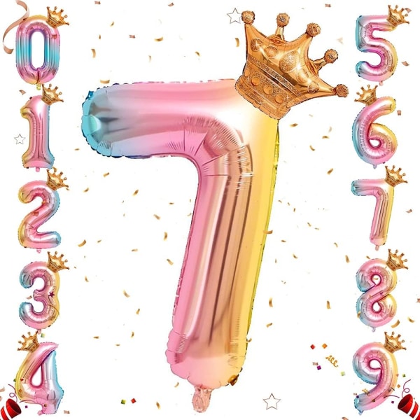 Heliumfolienummerballong, 32 tums regnbågsgradientnummerballonger med krona för födelsedag, födelsedagsfestdekorationer (#7)