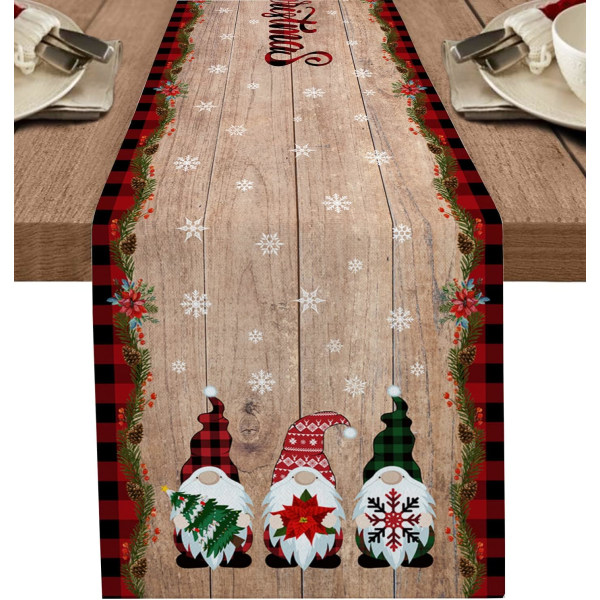 Nisser Julepynt Bordløbere Bomuld Linned Bondegård Buffalo Plaid Rød Sort Rektangel Skridsikker til Fest Køkken, Hjem, Spisebord, Udendørs