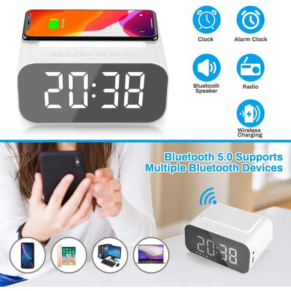 Klockradio med Bluetooth högtalare, trådlös laddning väckarklocka FM-radio, spegel LED-skärm med USB port, AUX-ingång, handsfreesamtal (vit)