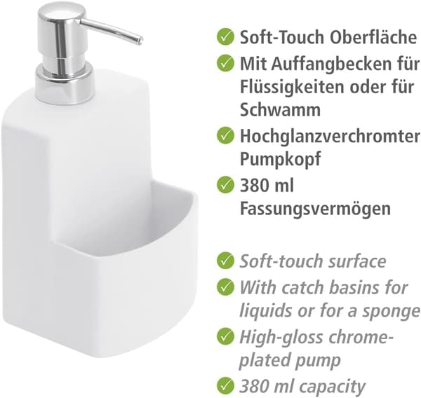 Oppvaskmiddeldispenser, svampholder oppvaskmiddeldispenser, Festival, hvit, 380 ml kapasitet, 10 x 18 x 10 cm