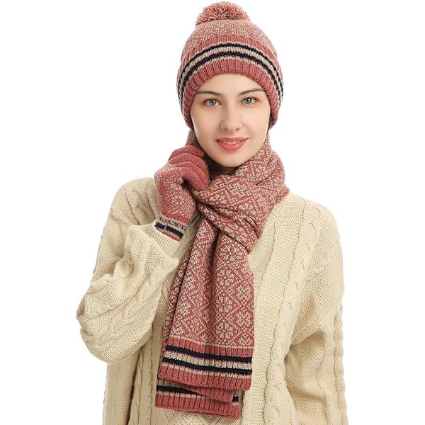 Pekskärmshandskar Set med Pompom Snowflake Print Hat och Scarf för kvinnor