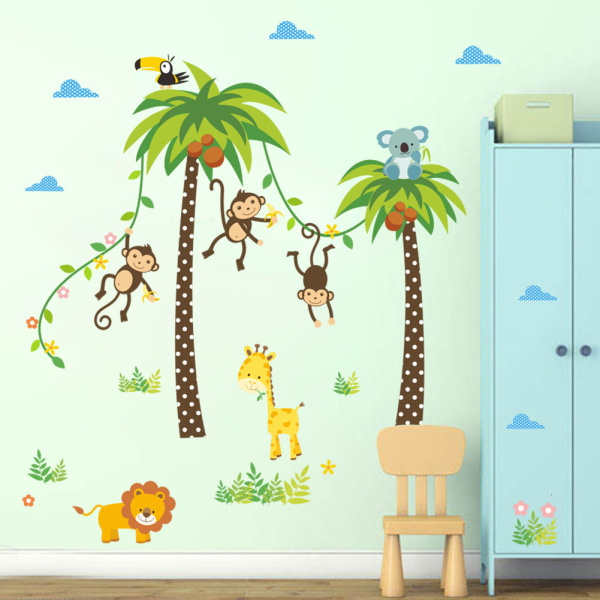 ElecMotive Tecknad Skogsdjur Apa Kråka Koala Coconut Tree Nursery Väggdekor Väggmålningar Gör-det-själv-affischer Avtagbara Vinylkonst Väggdekaler för barn Flickor