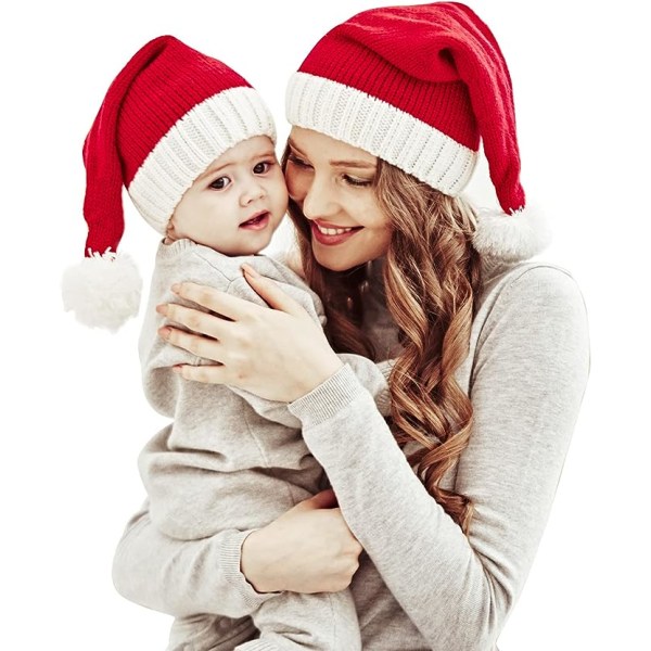 2ST Familjematchande julmössor Vinter varm stickad cap Mjuk Mysig förälder-barn Röd tomtemössa för vuxna barn