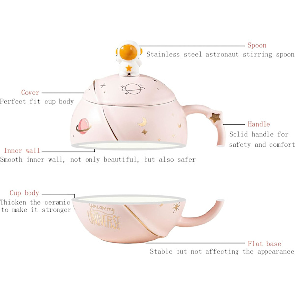 Keramiske kaffekrus med låg, astronaut rustfri stål ske, Morning Ember svampe krus og mælkekop til kvinder eller mænd pink 400 ml/15 oz