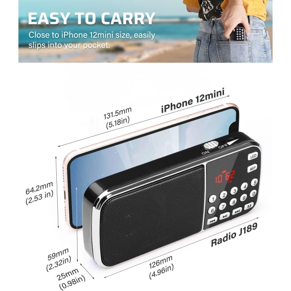 Bärbar radio PRUNUS L-189, 3W AM/FM-radio 1200mAh med dubbla högtalare, LED-ficklampa, uppladdningsbart batteri, （svart）