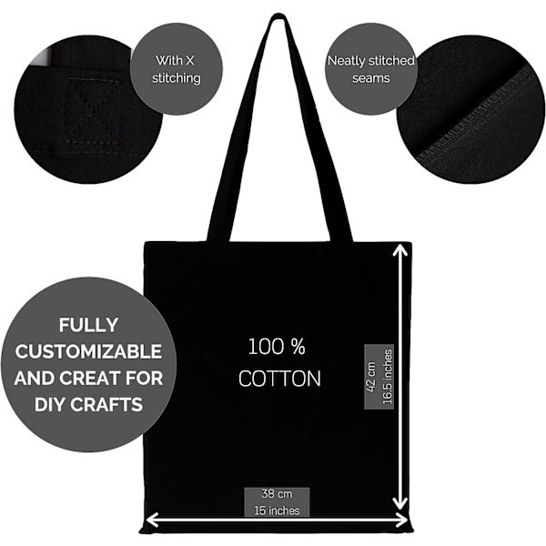 Gjenbrukbar Bomullsveske i Canvas - Vaskbar Tote Bag i Bomullsstoff - Klesvask, Dagligvarer, Strand, Grønnsaker. (Svart, Pakke med 10 enheter)
